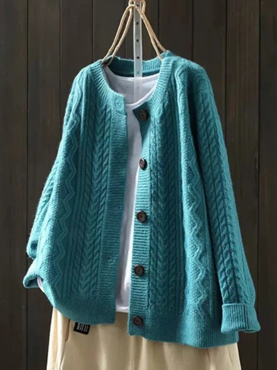 Women's Relaxed Cable-Knit Button-Front Cardigan with Ribbed Trims – Blue