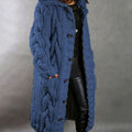 Women's Longline Hooded Cable-Knit Cardigan with Pockets – Blue