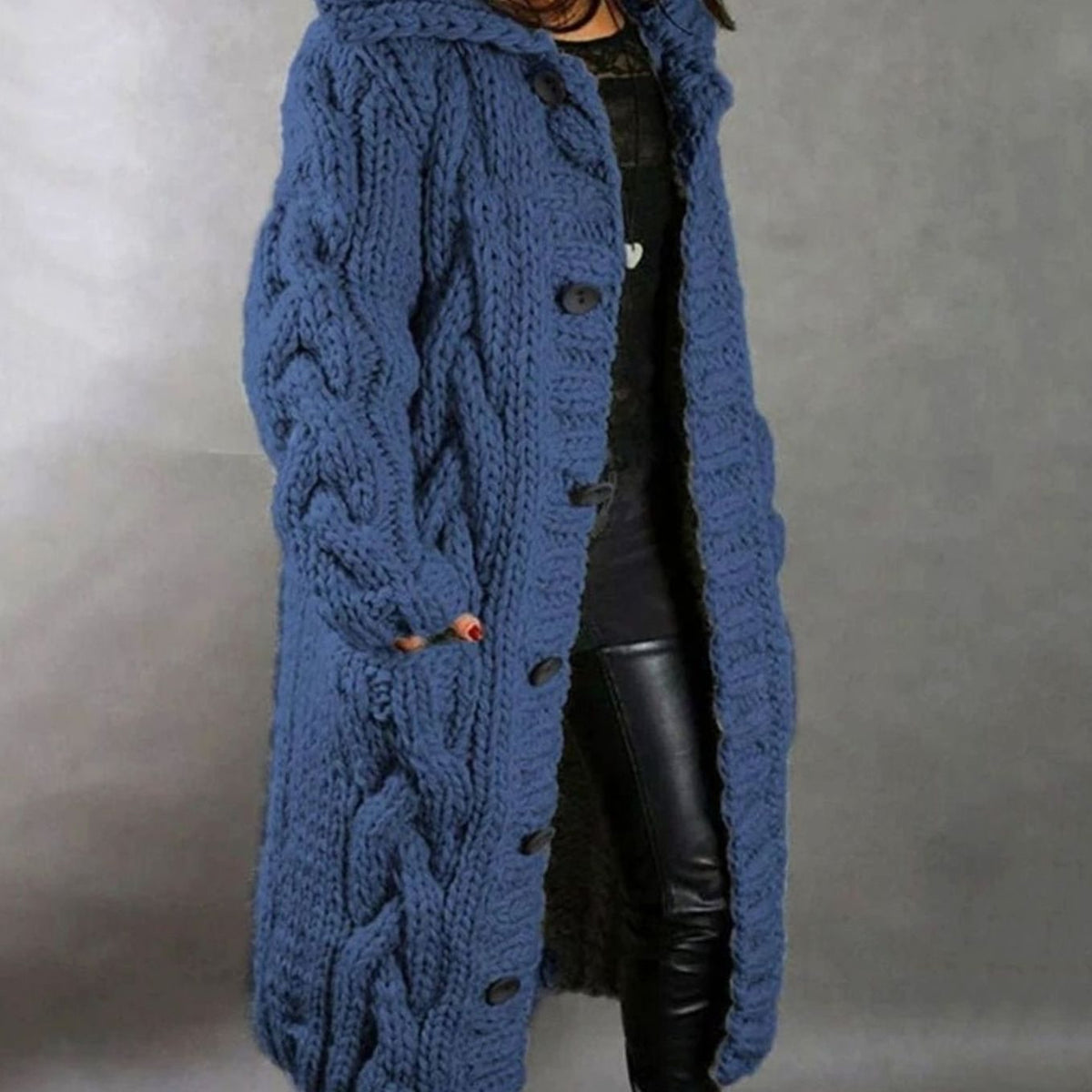 Women's Longline Hooded Cable-Knit Cardigan with Pockets – Blue