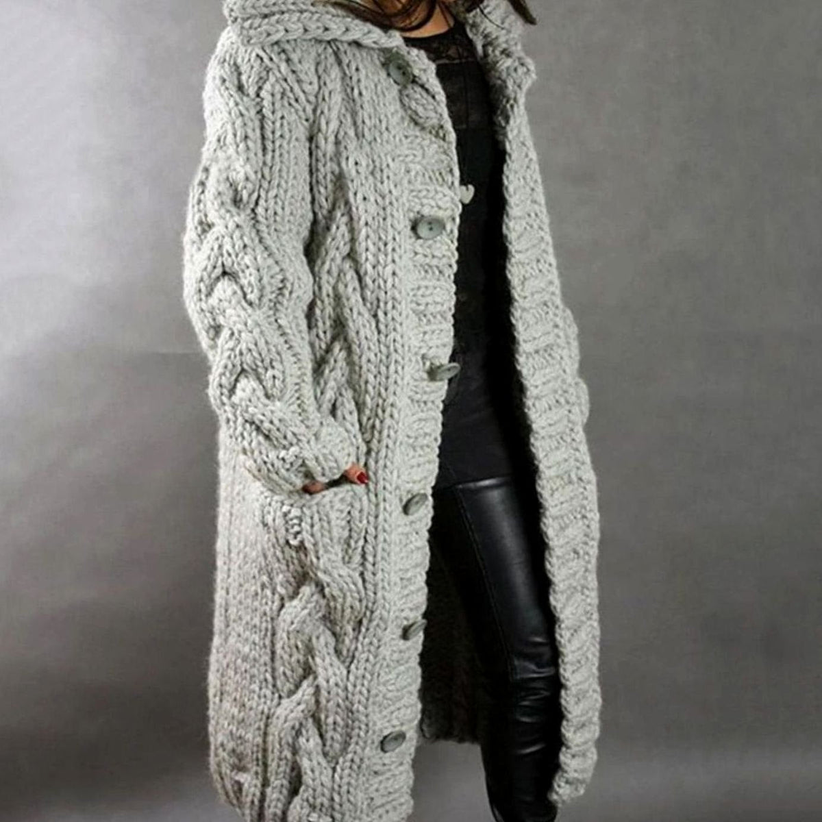 Women's Longline Hooded Cable-Knit Cardigan with Pockets – Silver Grey