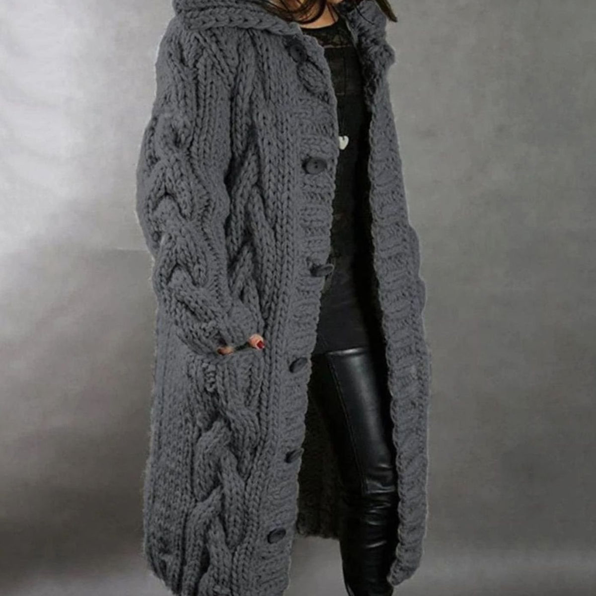 Women's Longline Hooded Cable-Knit Cardigan with Pockets – Dark Grey