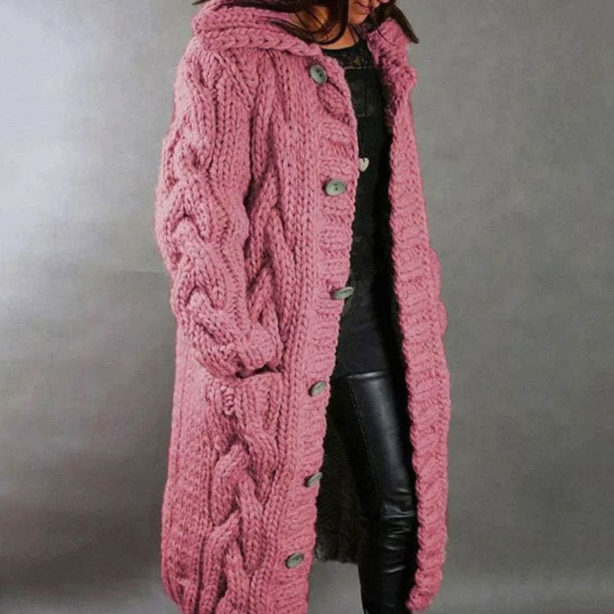 Women's Longline Hooded Cable-Knit Cardigan with Pockets – Pink