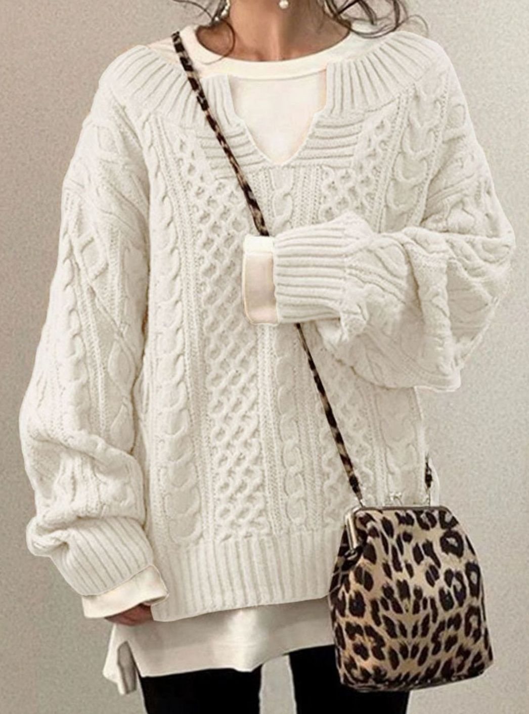 Women's Chunky Cable-Knit Jumper with Layered V-Neck