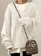 Women's Chunky Cable-Knit Jumper with Layered V-Neck – White