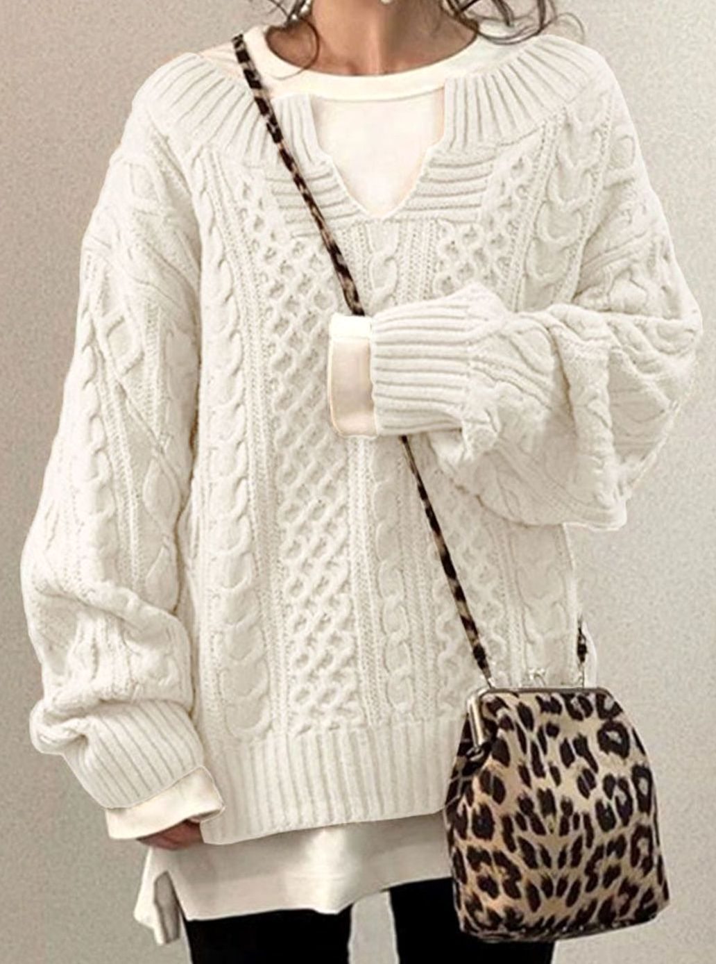 Women's Chunky Cable-Knit Jumper with Layered V-Neck – White