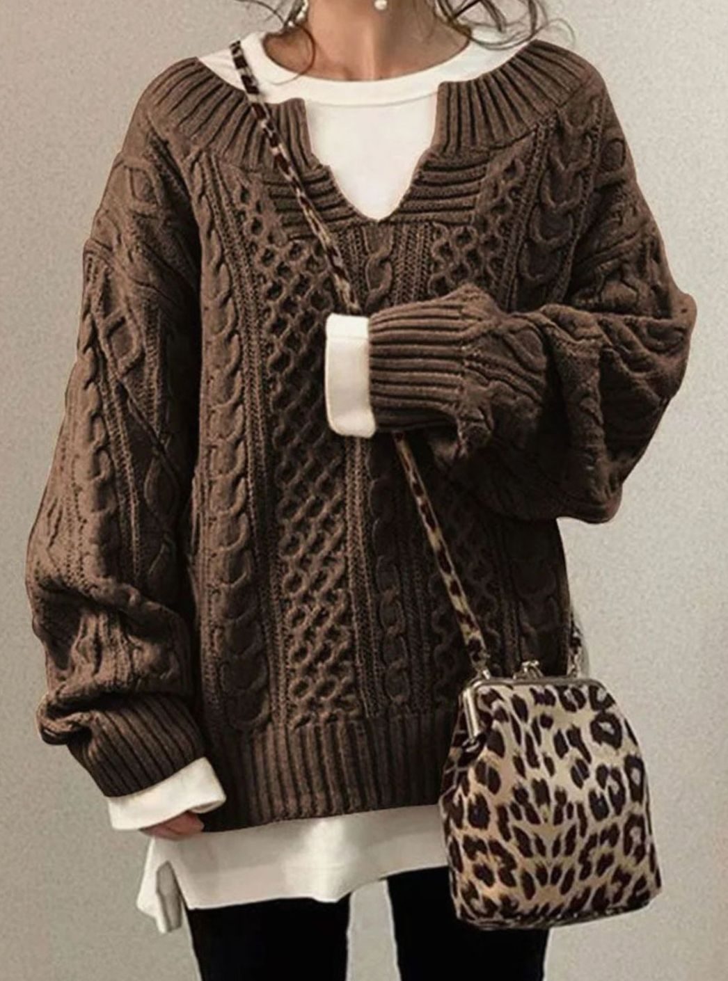 Women's Chunky Cable-Knit Jumper with Layered V-Neck – Brown