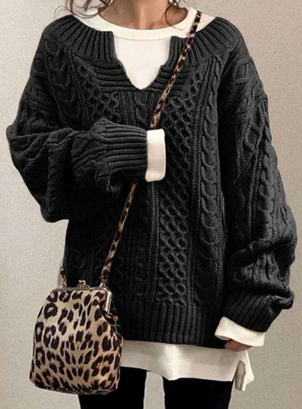 Women's Chunky Cable-Knit Jumper with Layered V-Neck – Black