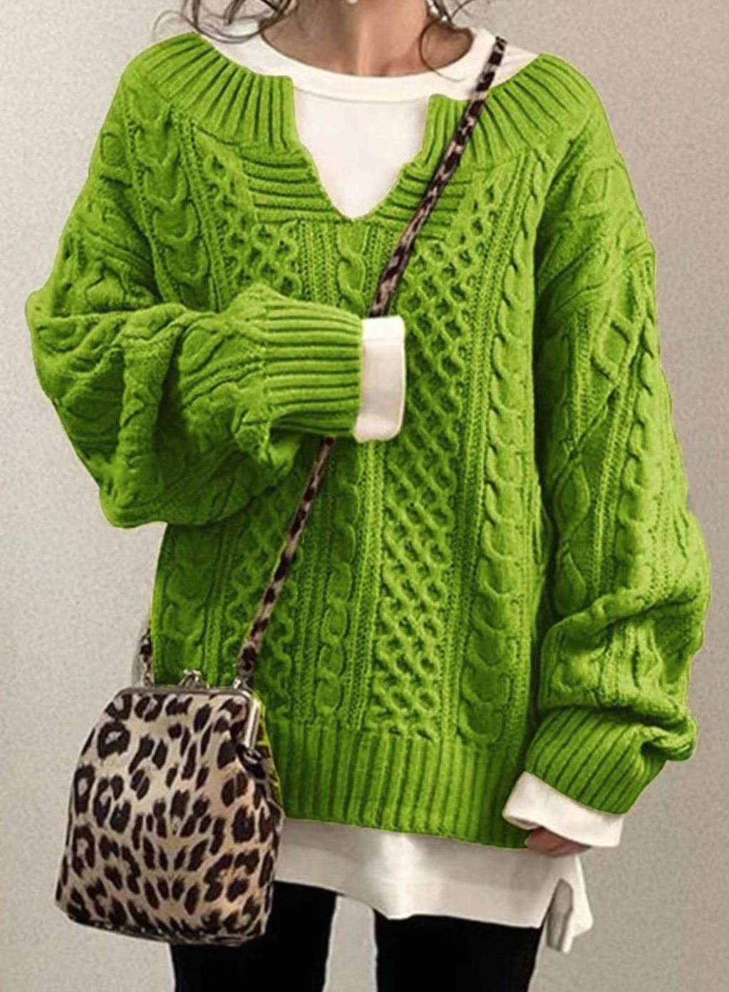 Women's Chunky Cable-Knit Jumper with Layered V-Neck – Green