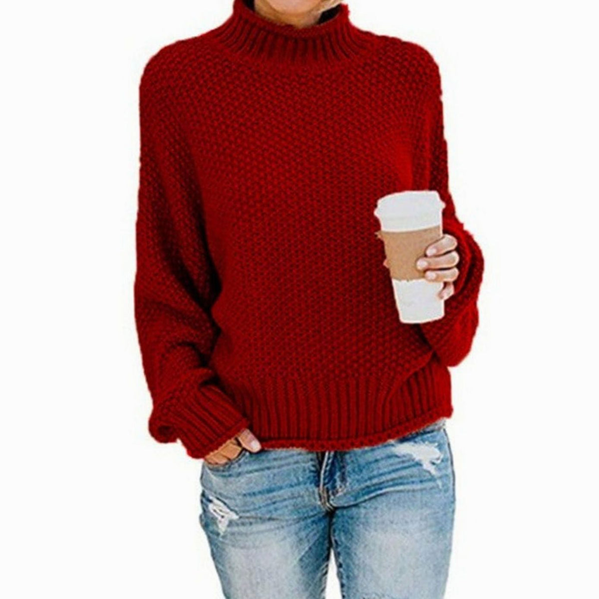 Women's Thick Ribbed Roll-Neck Jumper in Oversized Chunky Knit – Red