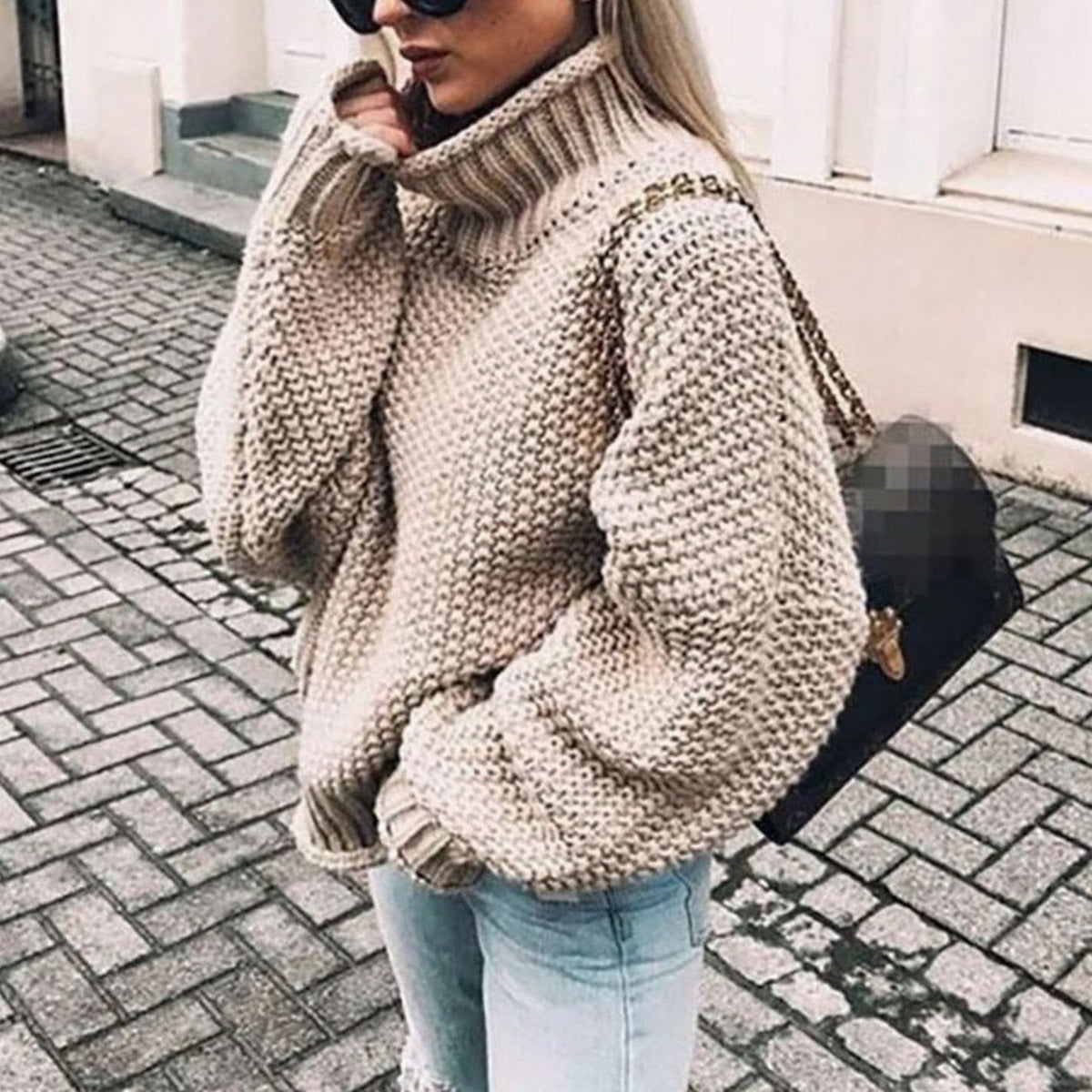 Women's Thick Ribbed Roll-Neck Jumper in Oversized Chunky Knit – Khaki