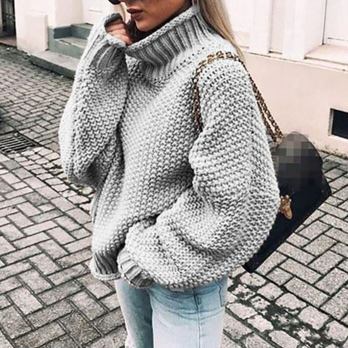 Women's Thick Ribbed Roll-Neck Jumper in Oversized Chunky Knit – Grey