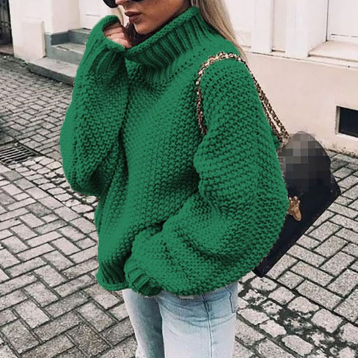 Women's Thick Ribbed Roll-Neck Jumper in Oversized Chunky Knit – Green