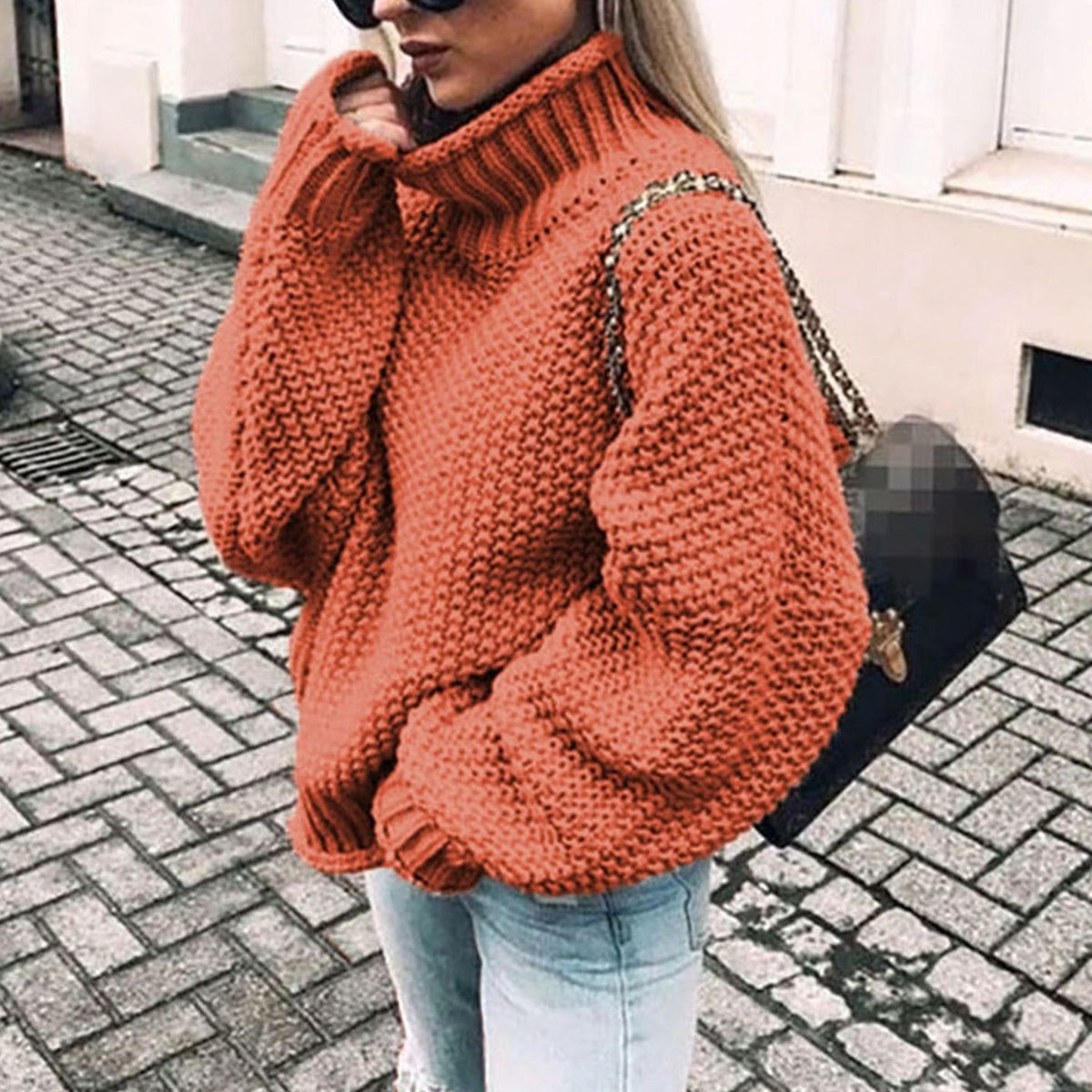 Women's Thick Ribbed Roll-Neck Jumper in Oversized Chunky Knit – Orange