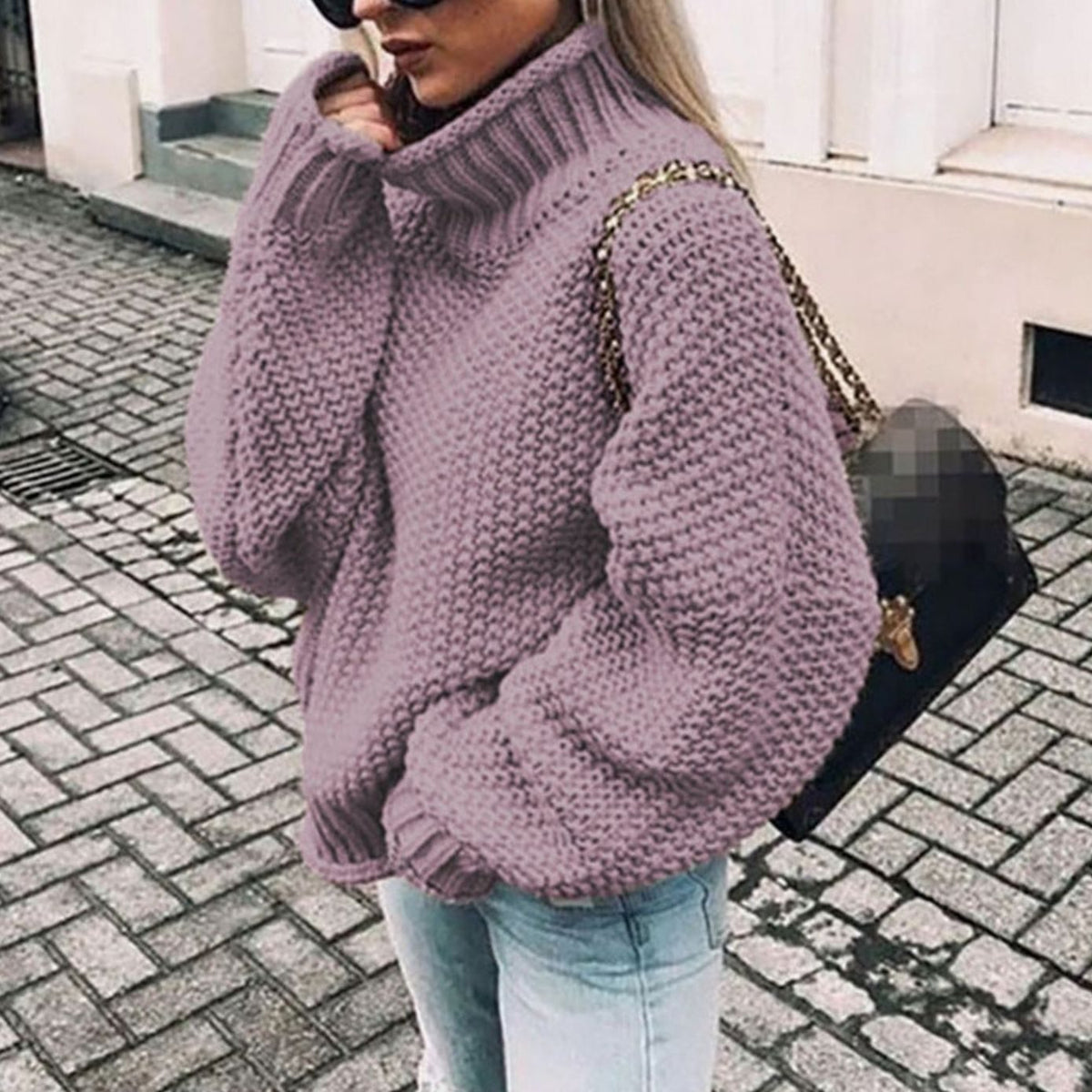 Women's Thick Ribbed Roll-Neck Jumper in Oversized Chunky Knit – Purple