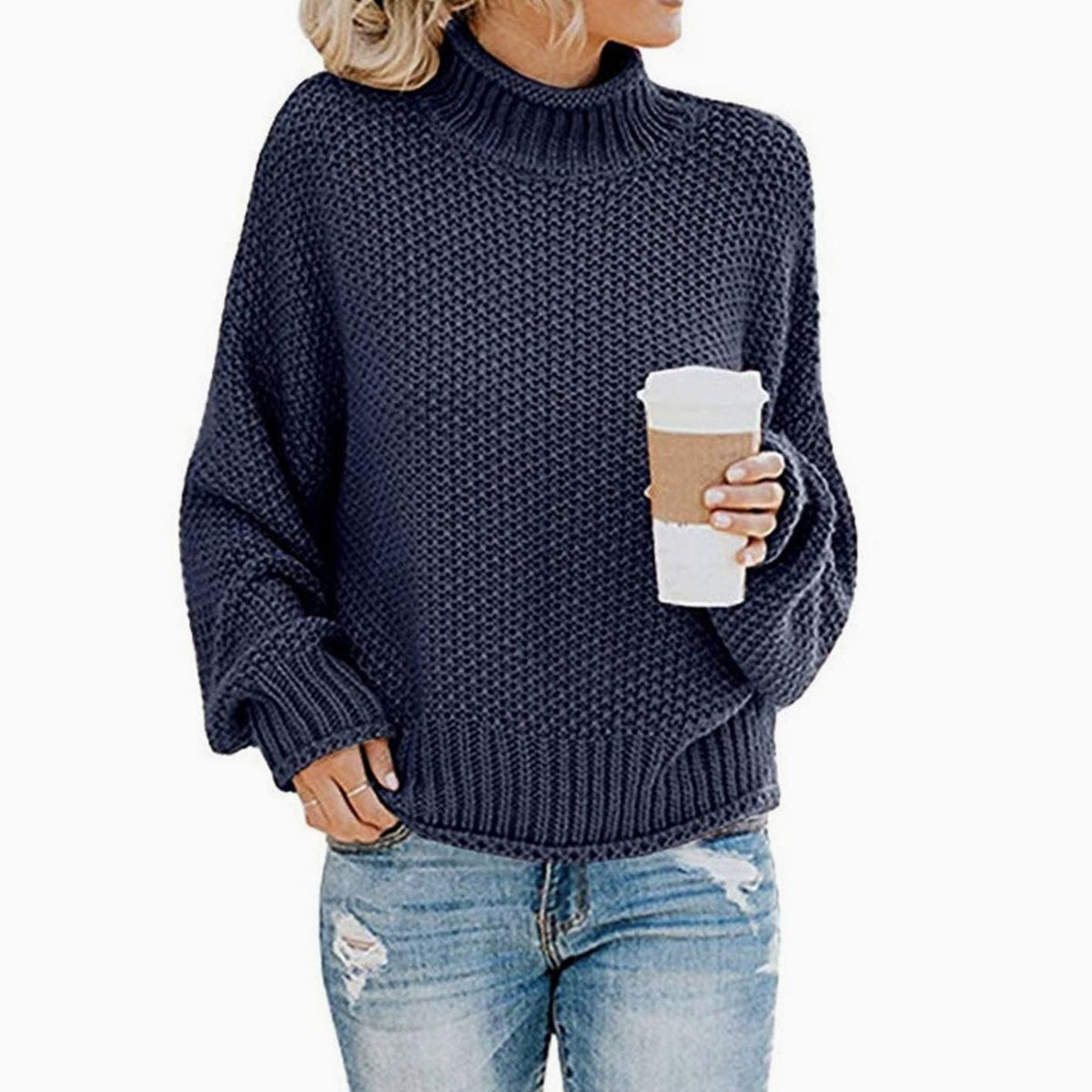 Women's Thick Ribbed Roll-Neck Jumper in Oversized Chunky Knit – Navy Blue