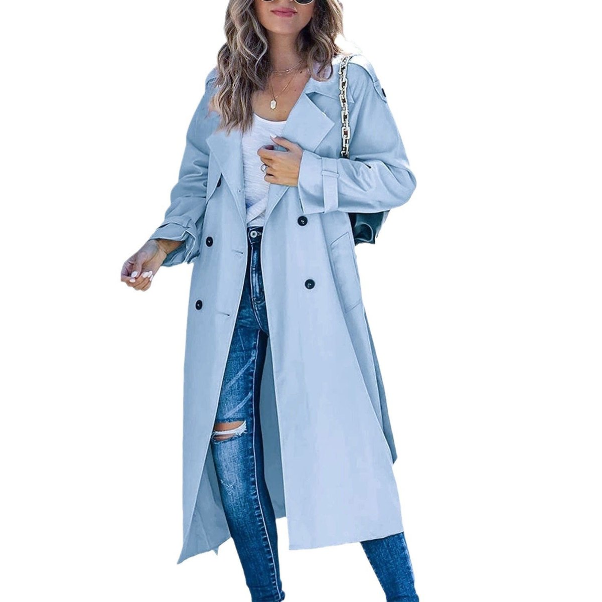 Women's Tie-Waist Double-Breasted Trench Coat Below the Knee