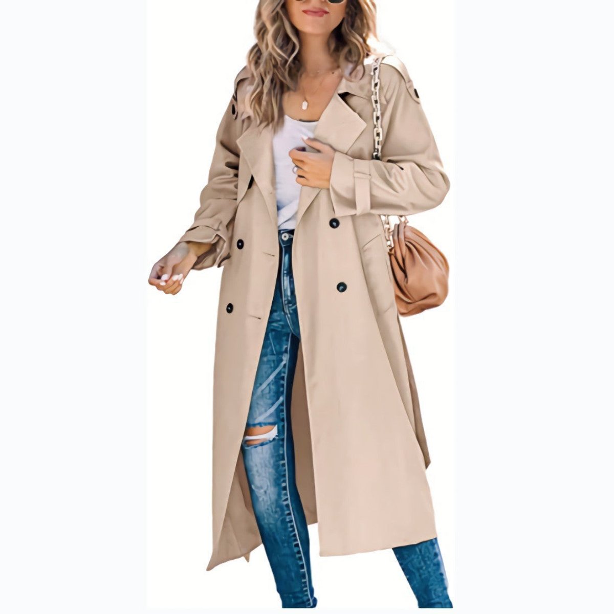 Women's Tie-Waist Double-Breasted Trench Coat Below the Knee – Khaki