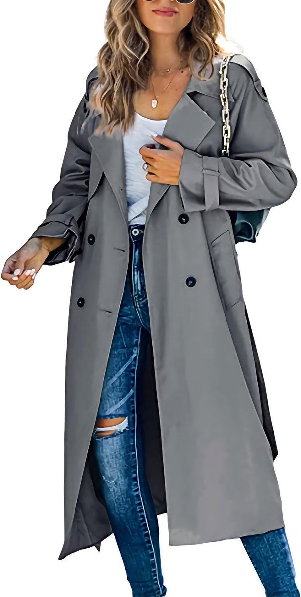 Women's Tie-Waist Double-Breasted Trench Coat Below the Knee – Grey