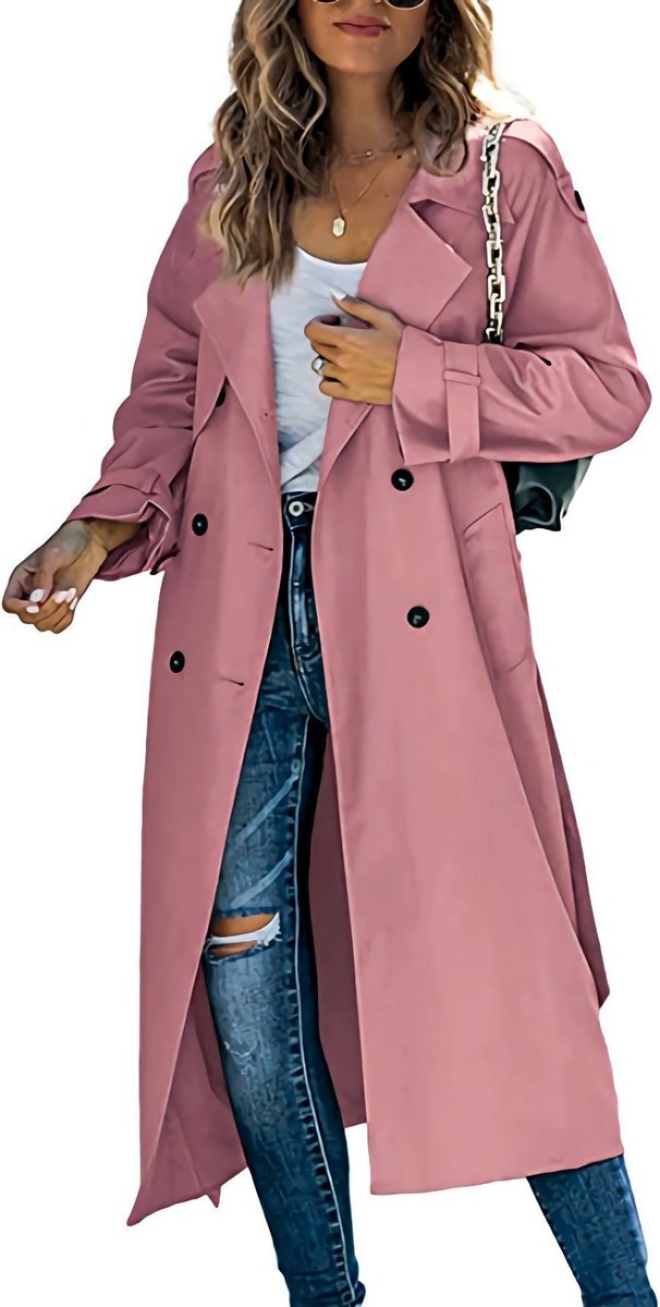 Women's Tie-Waist Double-Breasted Trench Coat Below the Knee – Pink