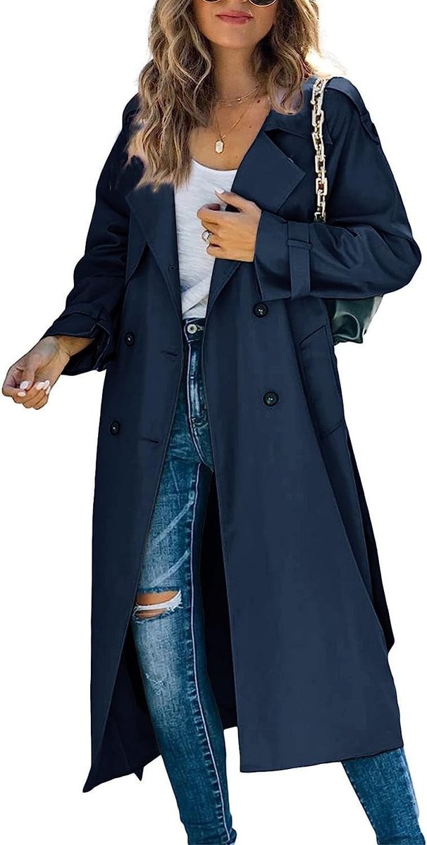 Women's Tie-Waist Double-Breasted Trench Coat Below the Knee – Navy Blue