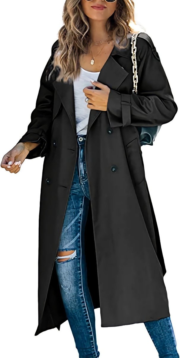 Women's Tie-Waist Double-Breasted Trench Coat Below the Knee – Black