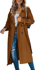 Women's Tie-Waist Double-Breasted Trench Coat Below the Knee – Brown