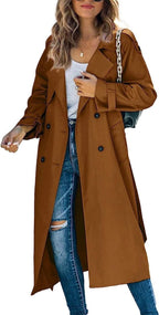 Women's Tie-Waist Double-Breasted Trench Coat Below the Knee – Brown