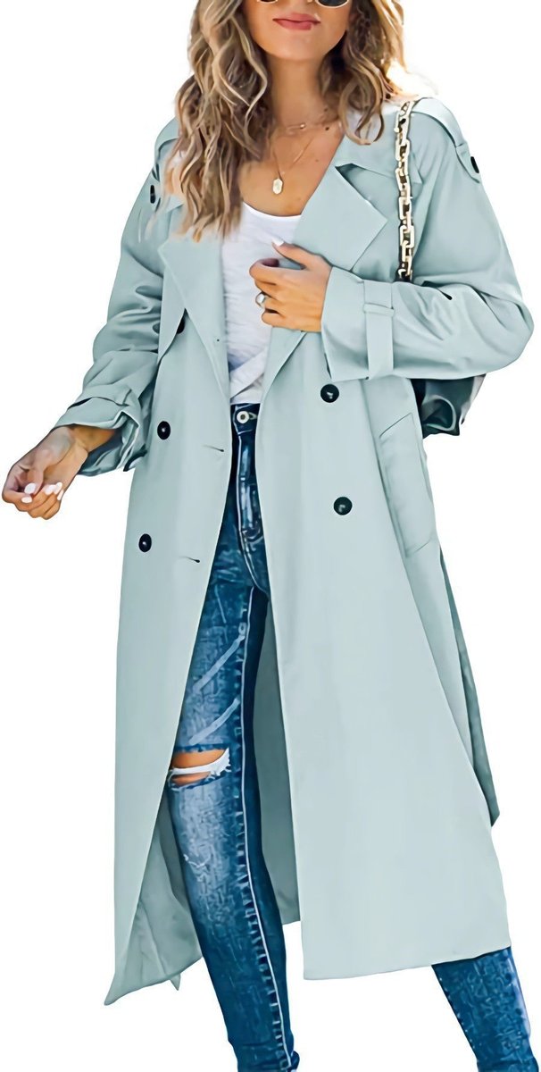 Women's Tie-Waist Double-Breasted Trench Coat Below the Knee – Light Green