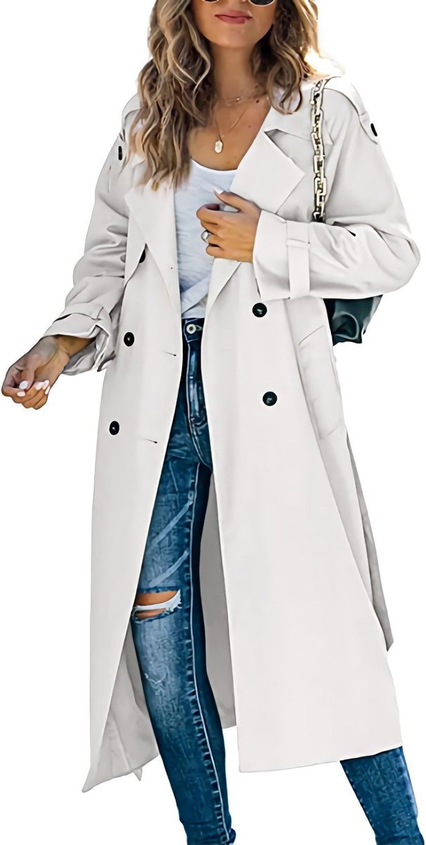Women's Tie-Waist Double-Breasted Trench Coat Below the Knee – White