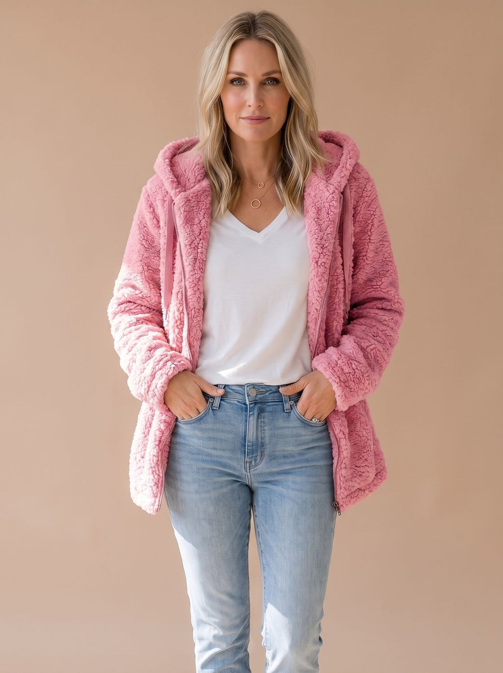 Women's Plush Textured Fleece Hooded Zip Coat - Pink