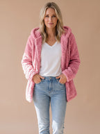 Women's Plush Textured Fleece Hooded Zip Coat - Pink