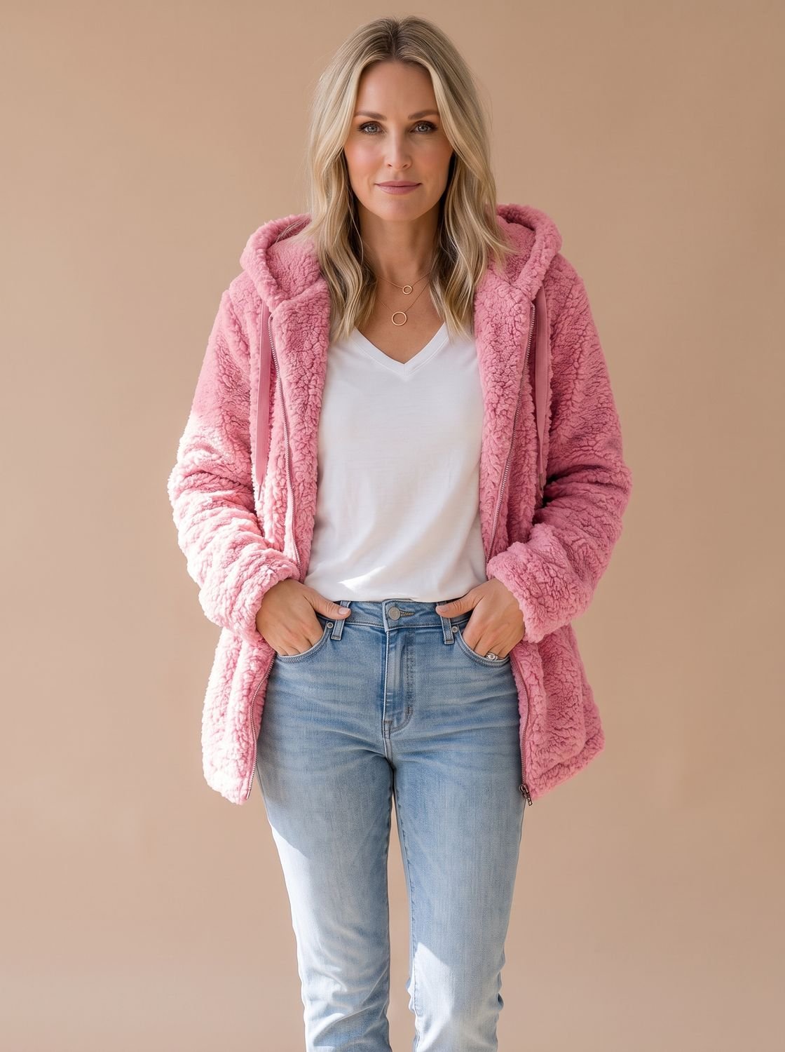 Women's Plush Textured Fleece Hooded Zip Coat - Pink