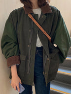 Women's Oversized Zip-Front Utility Jacket with Patch Pockets – Army Green