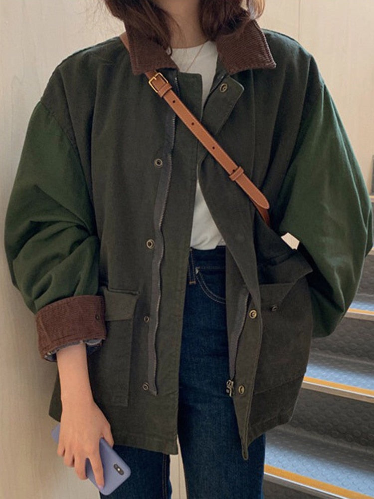 Women's Oversized Zip-Front Utility Jacket with Patch Pockets – Army Green