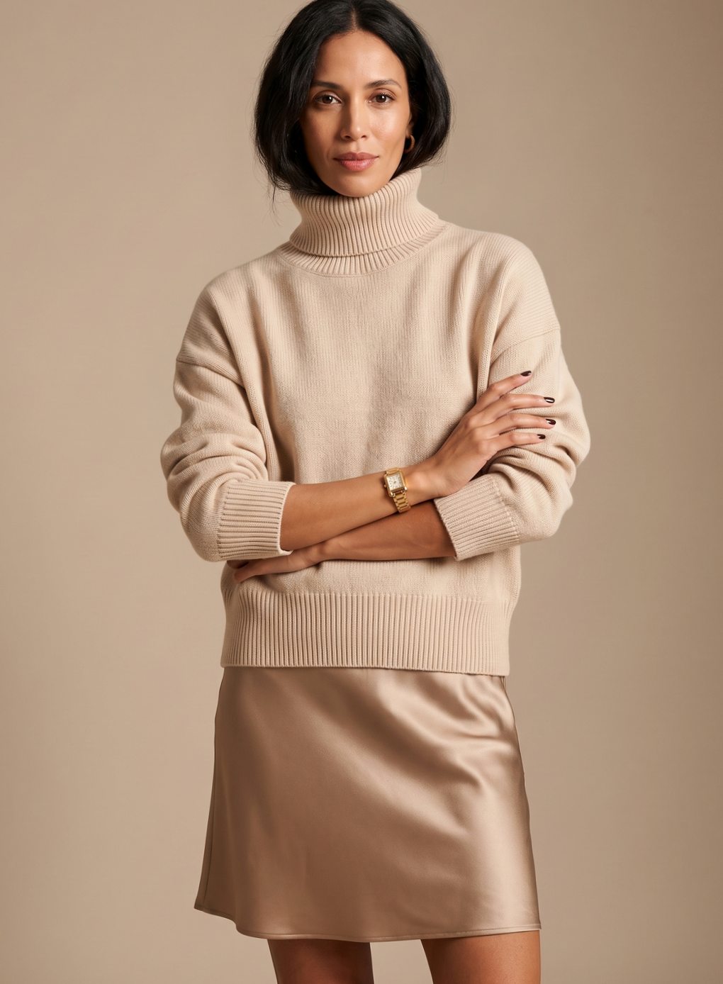 Women's Slouchy Knit Jumper with Chunky Ribbed Roll-Neck – Beige
