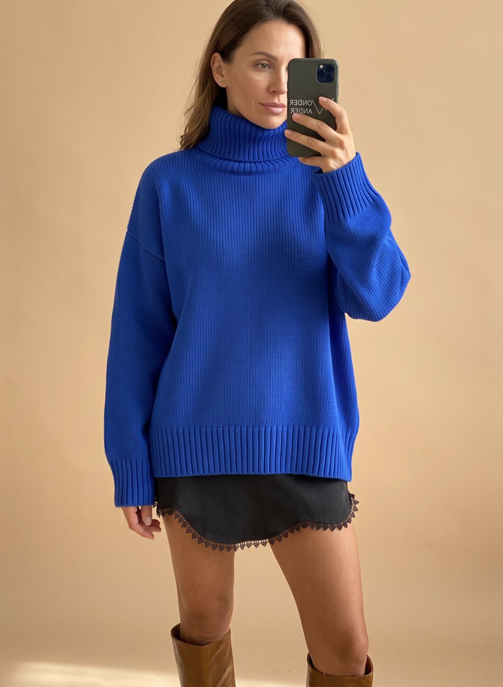 Women's Slouchy Knit Jumper with Chunky Ribbed Roll-Neck – Blue
