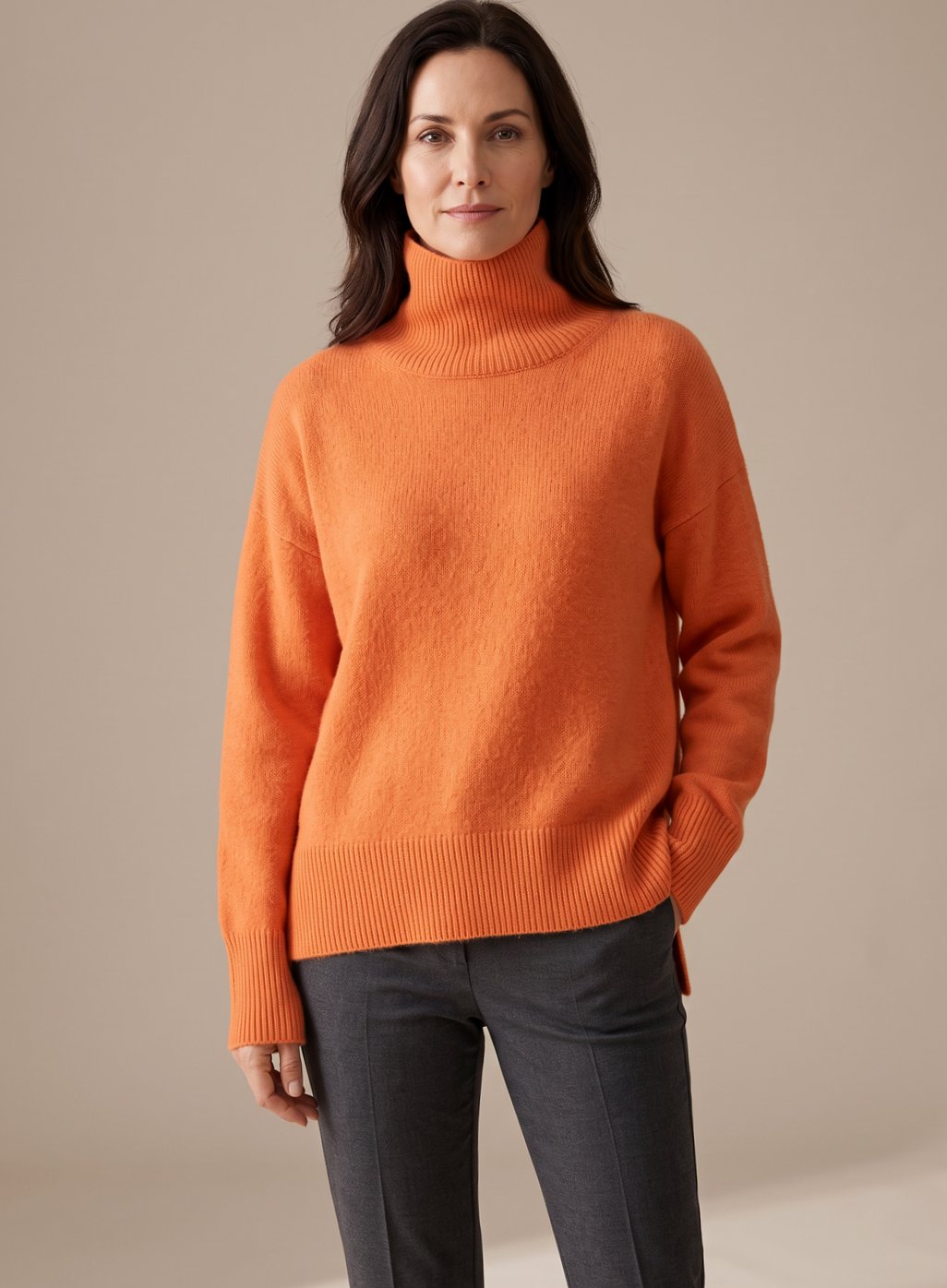 Women's Slouchy Knit Jumper with Chunky Ribbed Roll-Neck – Orange