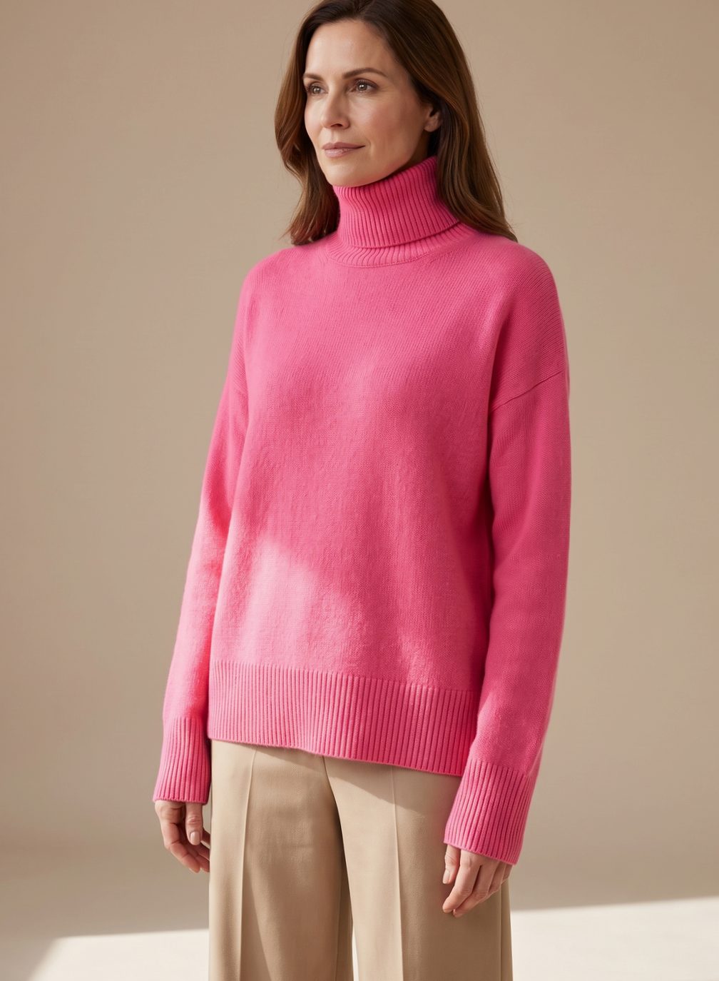 Women's Slouchy Knit Jumper with Chunky Ribbed Roll-Neck – Pink