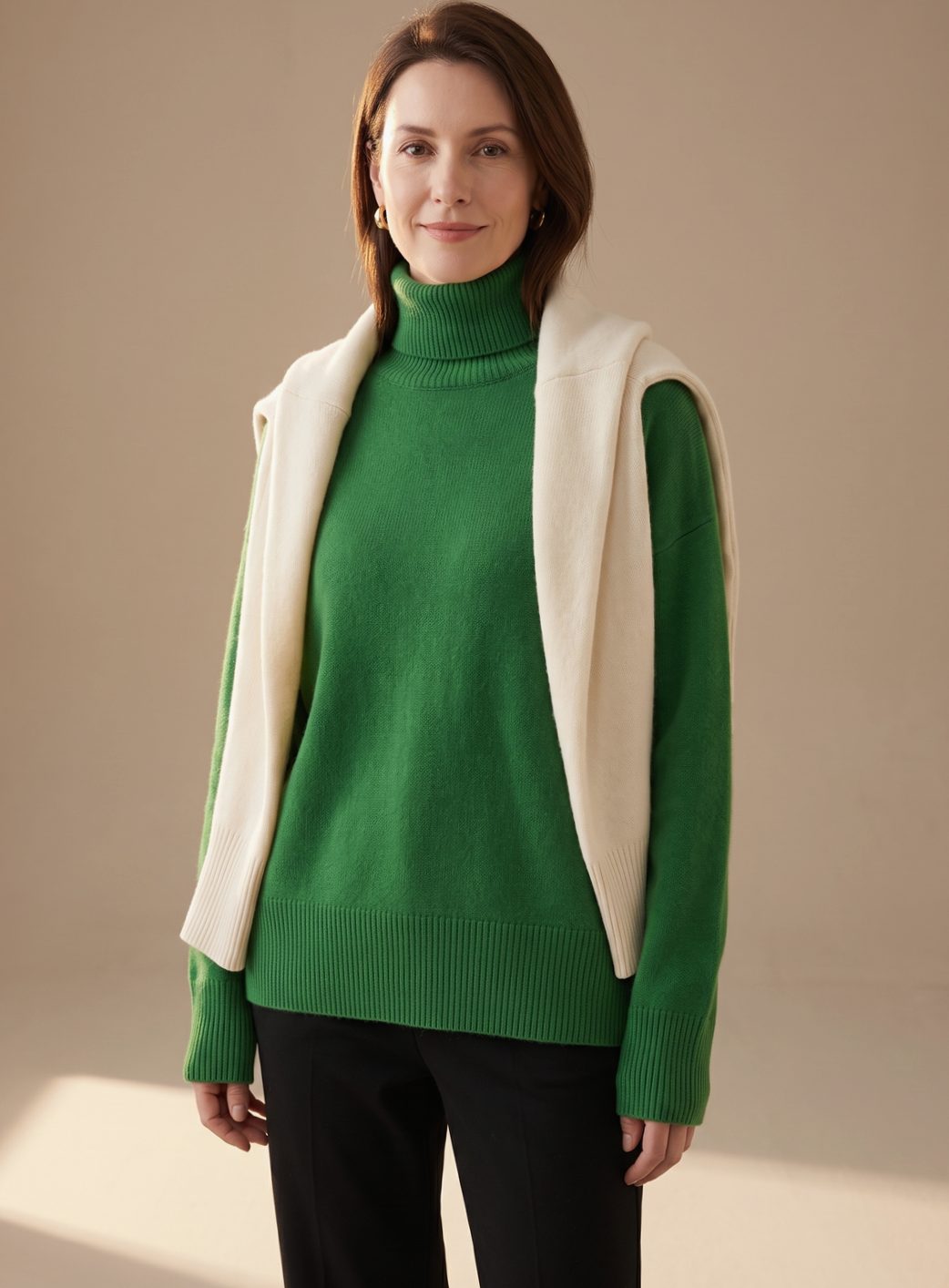 Women's Slouchy Knit Jumper with Chunky Ribbed Roll-Neck – Green