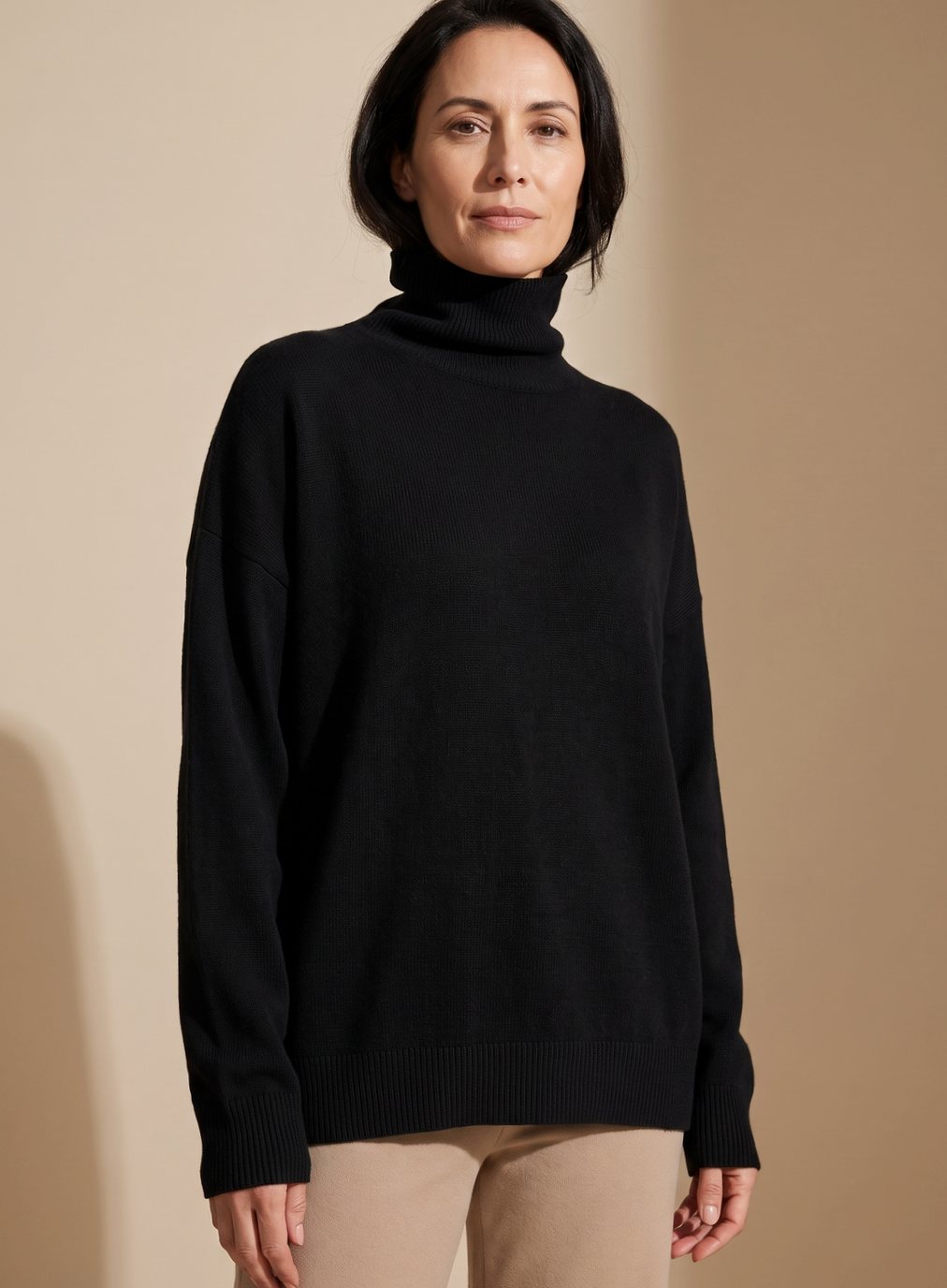 Women's Slouchy Knit Jumper with Chunky Ribbed Roll-Neck – Black