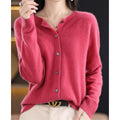 Women's Relaxed Round-Neck Cardigan in Pure Merino Wool – Dark Pink