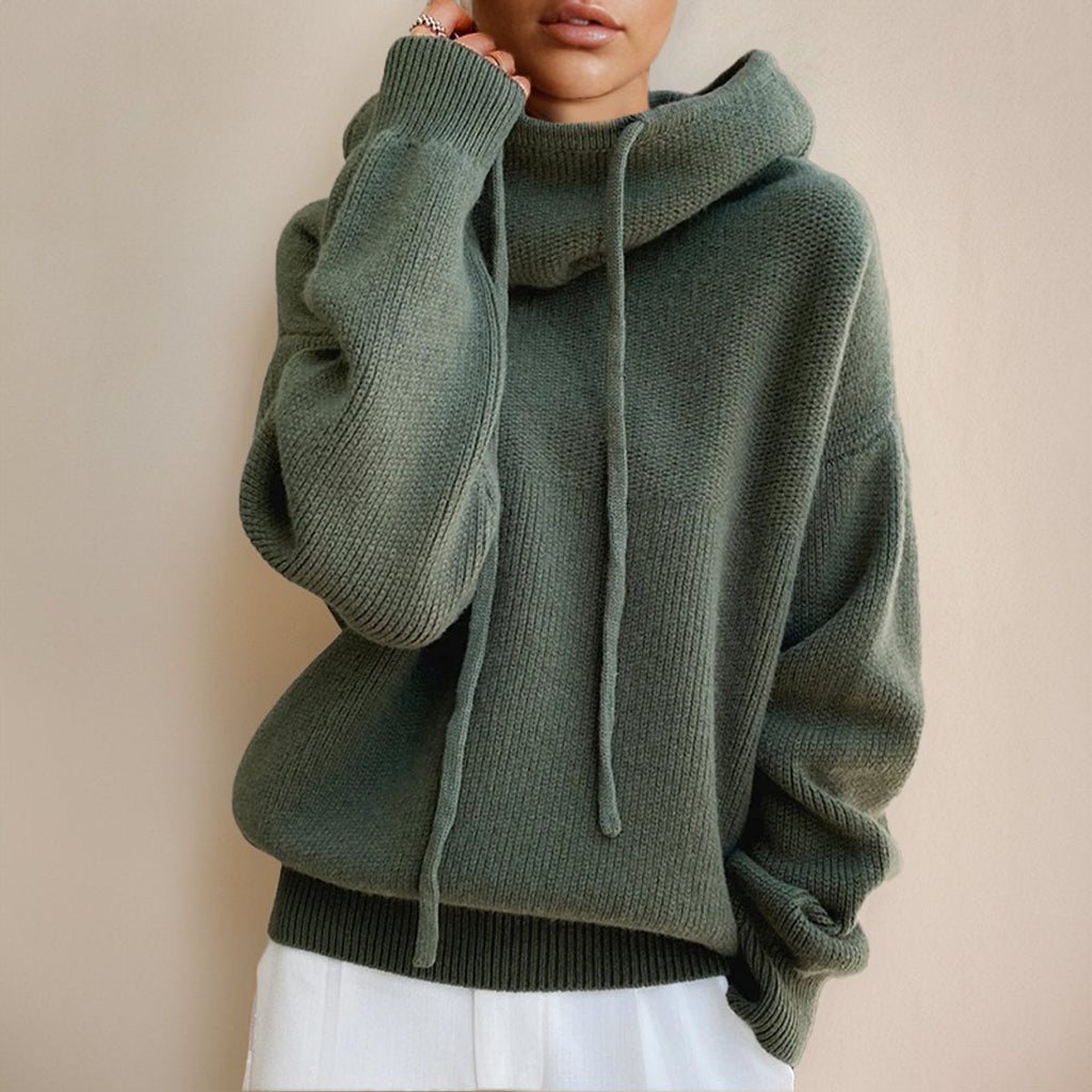 Women's Hooded Roll-Neck Jumper in Oversized Merino Wool – Green