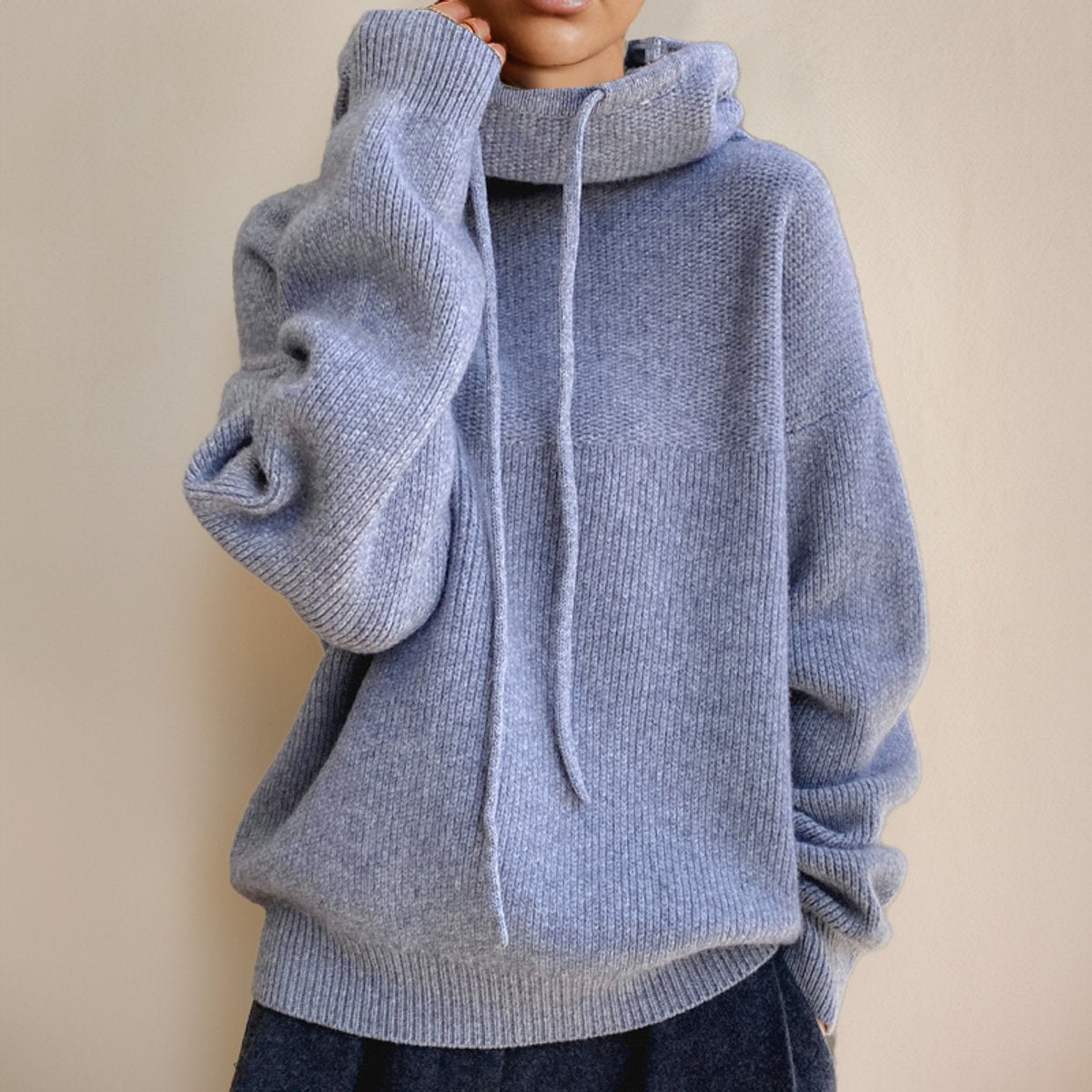 Women's Hooded Roll-Neck Jumper in Oversized Merino Wool – Grey
