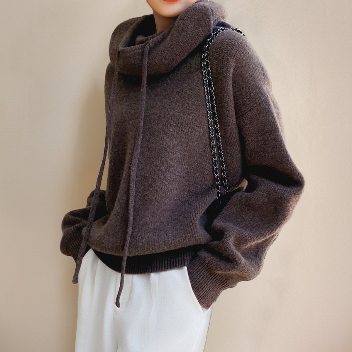 Women's Hooded Roll-Neck Jumper in Oversized Merino Wool