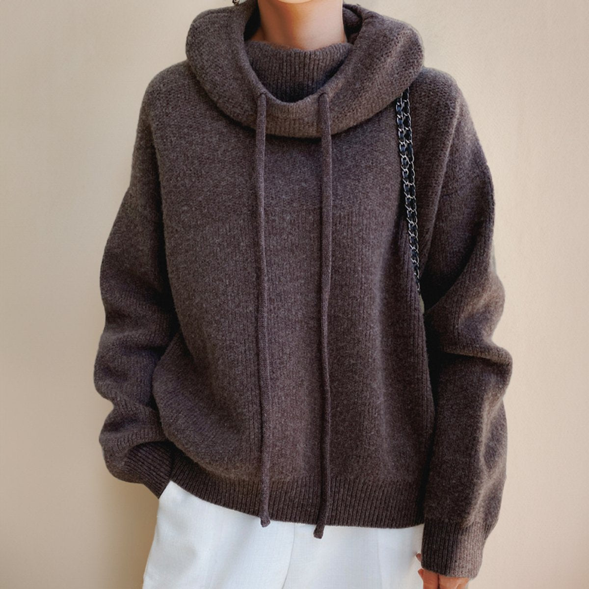 Women's Hooded Roll-Neck Jumper in Oversized Merino Wool – Brown