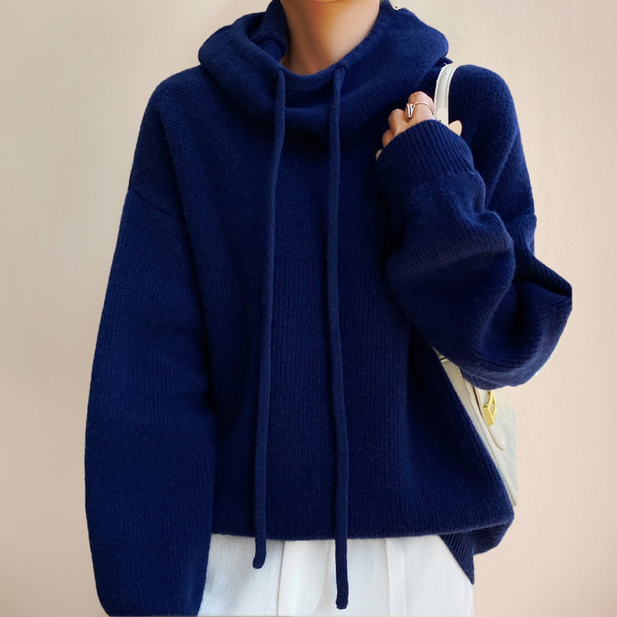 Women's Hooded Roll-Neck Jumper in Oversized Merino Wool – Blue