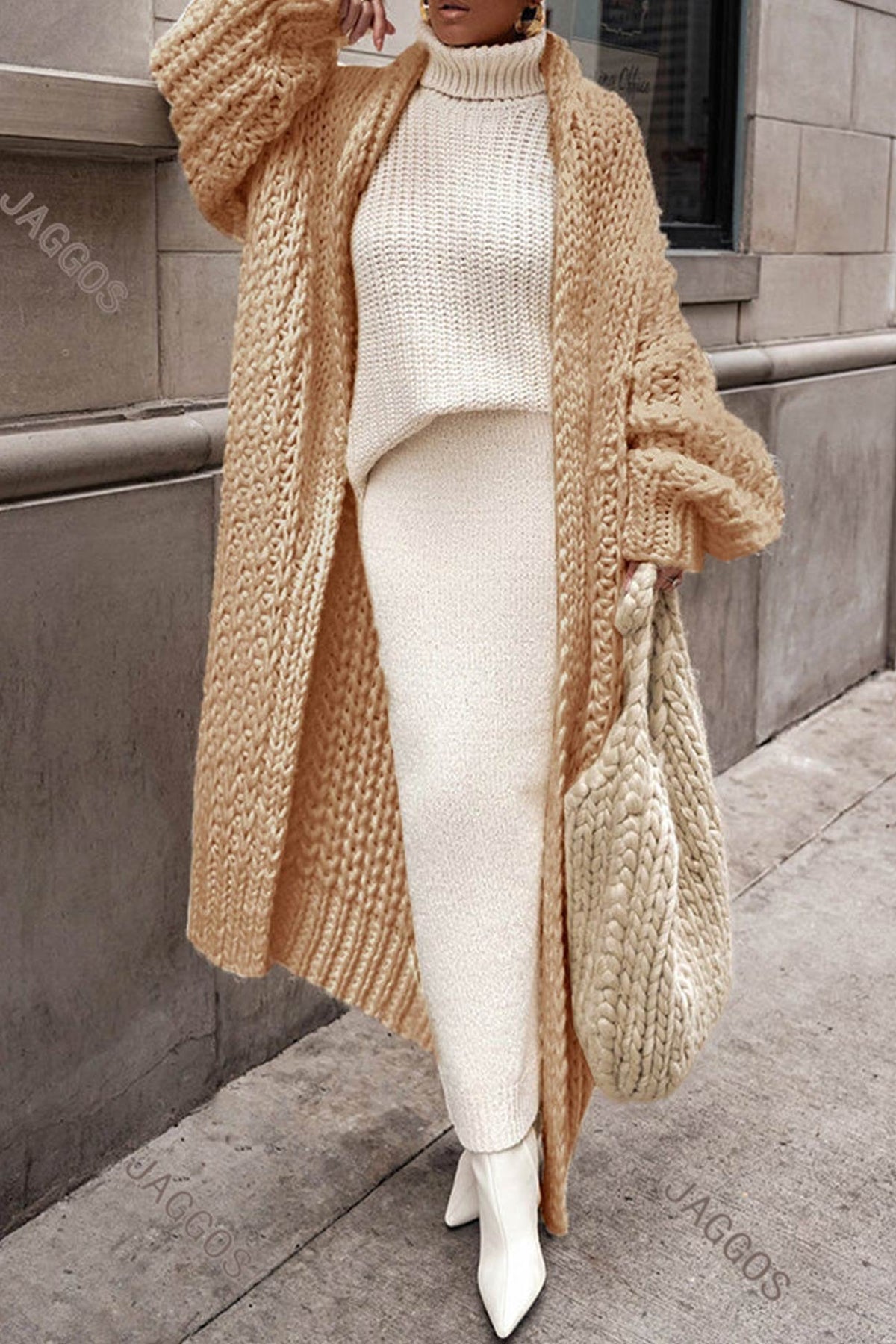 Women's Oversized Maxi Cardigan in Open-Stitch Chunky Knit – Brown