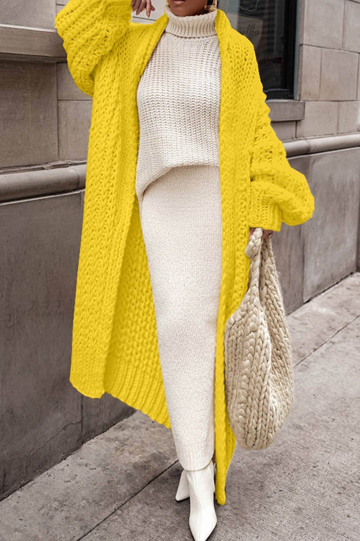 Women's Oversized Maxi Cardigan in Open-Stitch Chunky Knit – Yellow