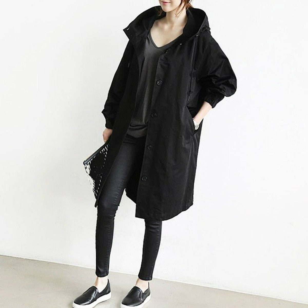 Women's Relaxed Knee-Length Water-Resistant Trench Coat – Black