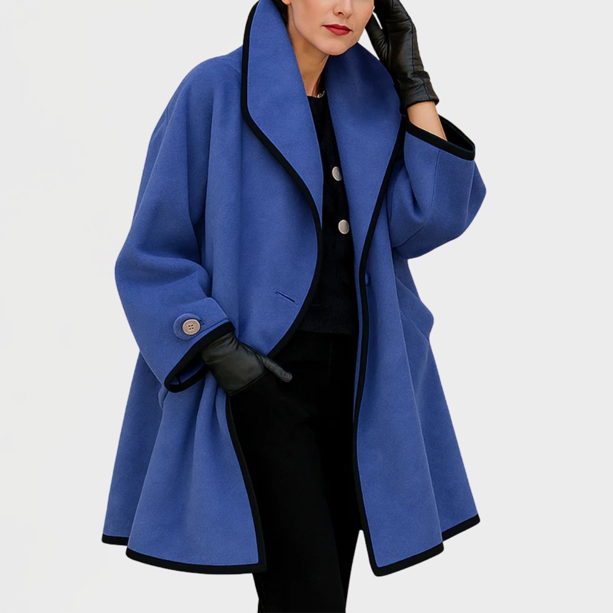 Women's Wool-Blend Swing Coat with Wide Lapels and Contrast Trim – Blue